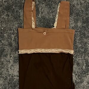 Brown and Tan Sleeveless Top with Lace Trim
